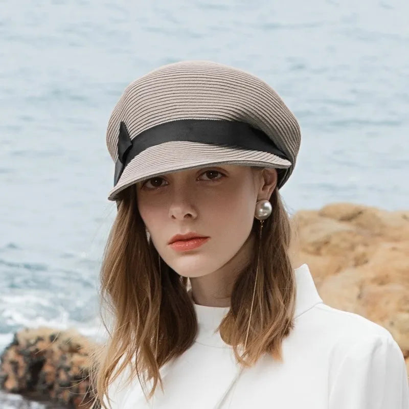FADVES Women's Straw Cap Newsboy Gatsby Ivy Visor Beach Hat with Bowknot 7117