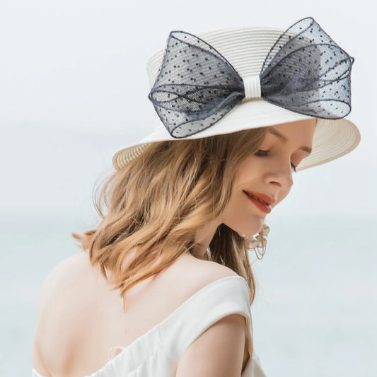 EE 7150  Summer New Casual Flat Top Big Bow Outgoing Straw Hat Sun Shade Hat Children's Summer