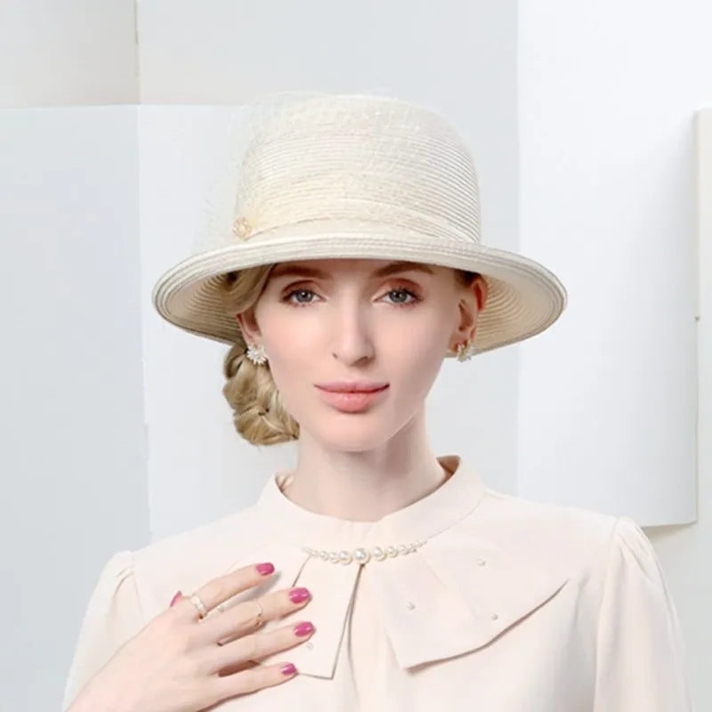 EE  7292 2023 Spring/Summer New Leisure Versatile Sunscreen Beach Hat Retro Mesh Decoration Straw Hat Female