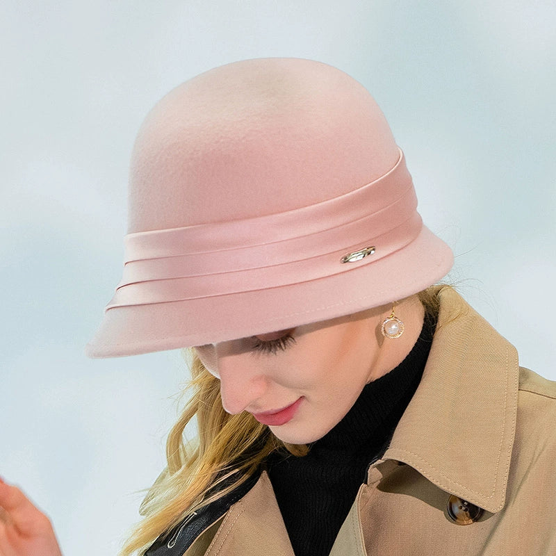 Women's Classic Winter 100% Wool Bowler Hat Ribbons Special Occasion Cocktail Cloche Hats