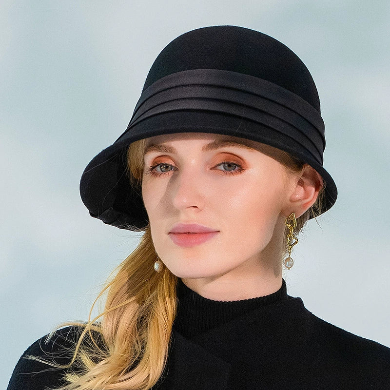 Women's Classic Winter 100% Wool Bowler Hat Ribbons Special Occasion Cocktail Cloche Hats