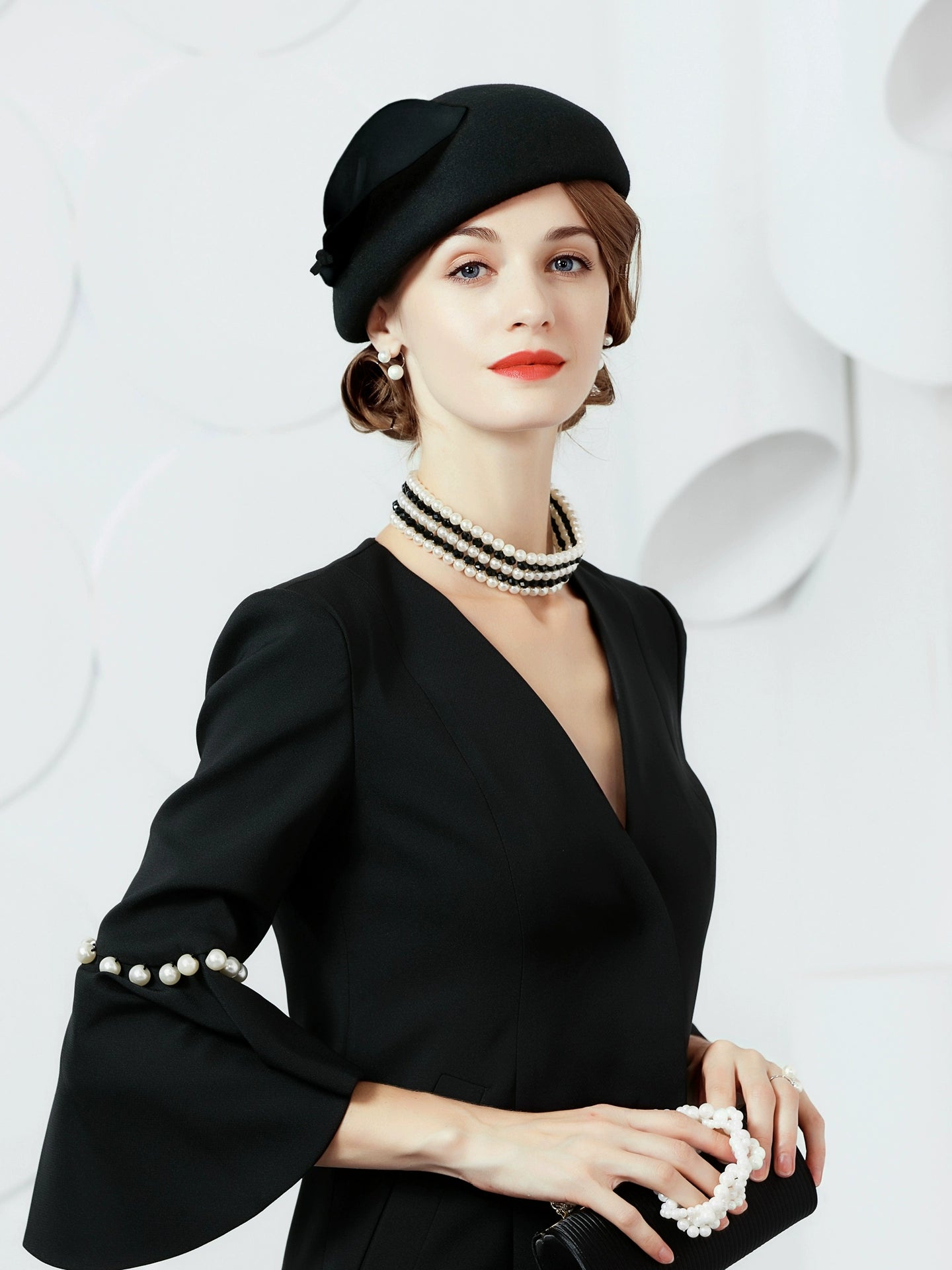 FADVES Women's Vintage 100% Wool Felt Cloche Bucket Bowler Hat Winter Vintage Bow Fedoras Church Derby Fascinator Hat