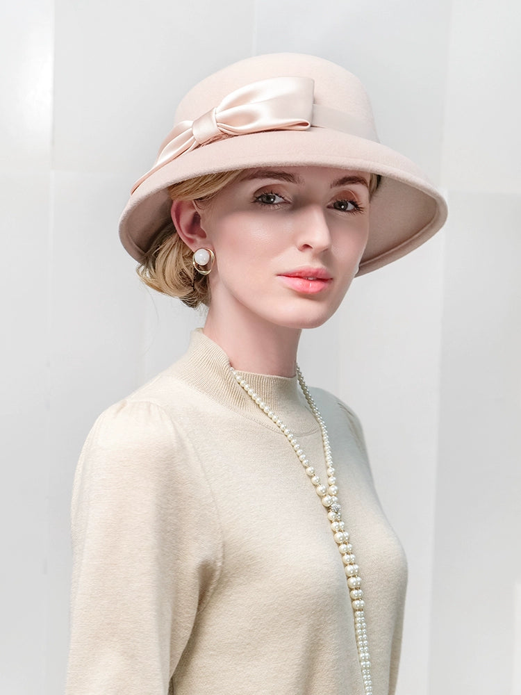 Elegant Vintage Church Hats 100% Wool Hats with Satin Bow Kentucky Derby Cloche Hats