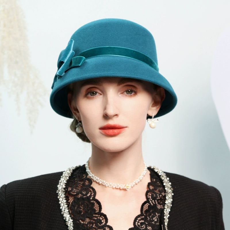 FADVES Women Solid Color Winter Hat 100% Wool Cloche Bucket Bowknot Fedora Hats 5030