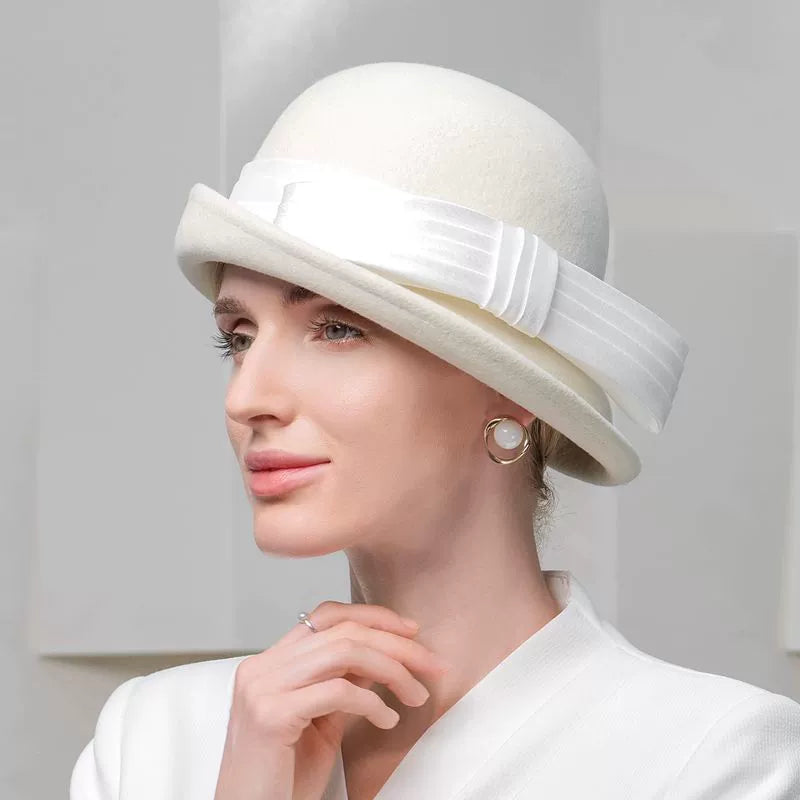 100% Wool Bowler Cloche Hat Fedora Hat Wedding Evening Party Elegant Wedding With Bowknot Cap