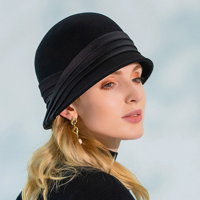 Women's Classic Winter 100% Wool Bowler Hat Ribbons Special Occasion Cocktail Cloche Hats