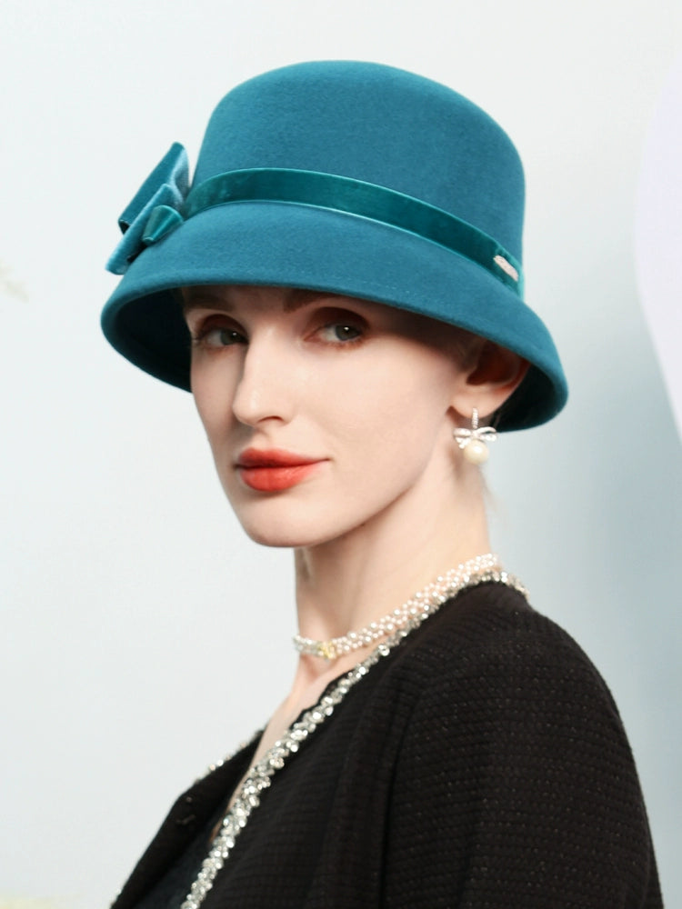 FADVES Women Solid Color Winter Hat 100% Wool Cloche Bucket Bowknot Fedora Hats 5030