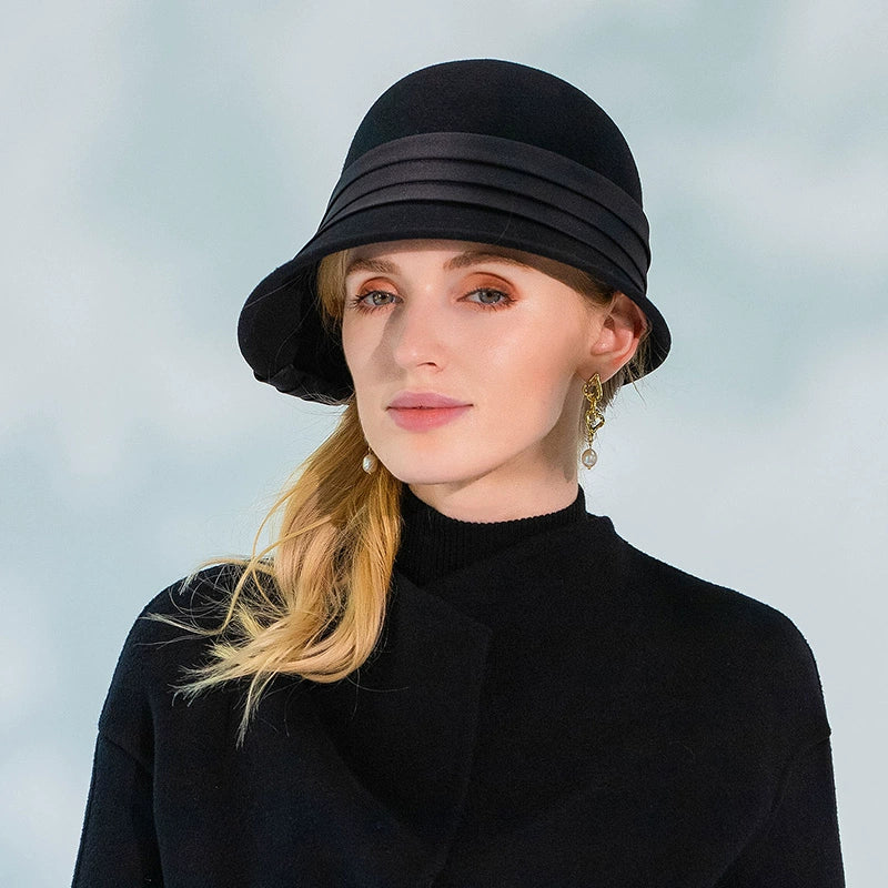 Women's Classic Winter 100% Wool Bowler Hat Ribbons Special Occasion Cocktail Cloche Hats