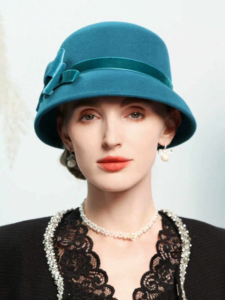 FADVES Women Solid Color Winter Hat 100% Wool Cloche Bucket Bowknot Fedora Hats 5030