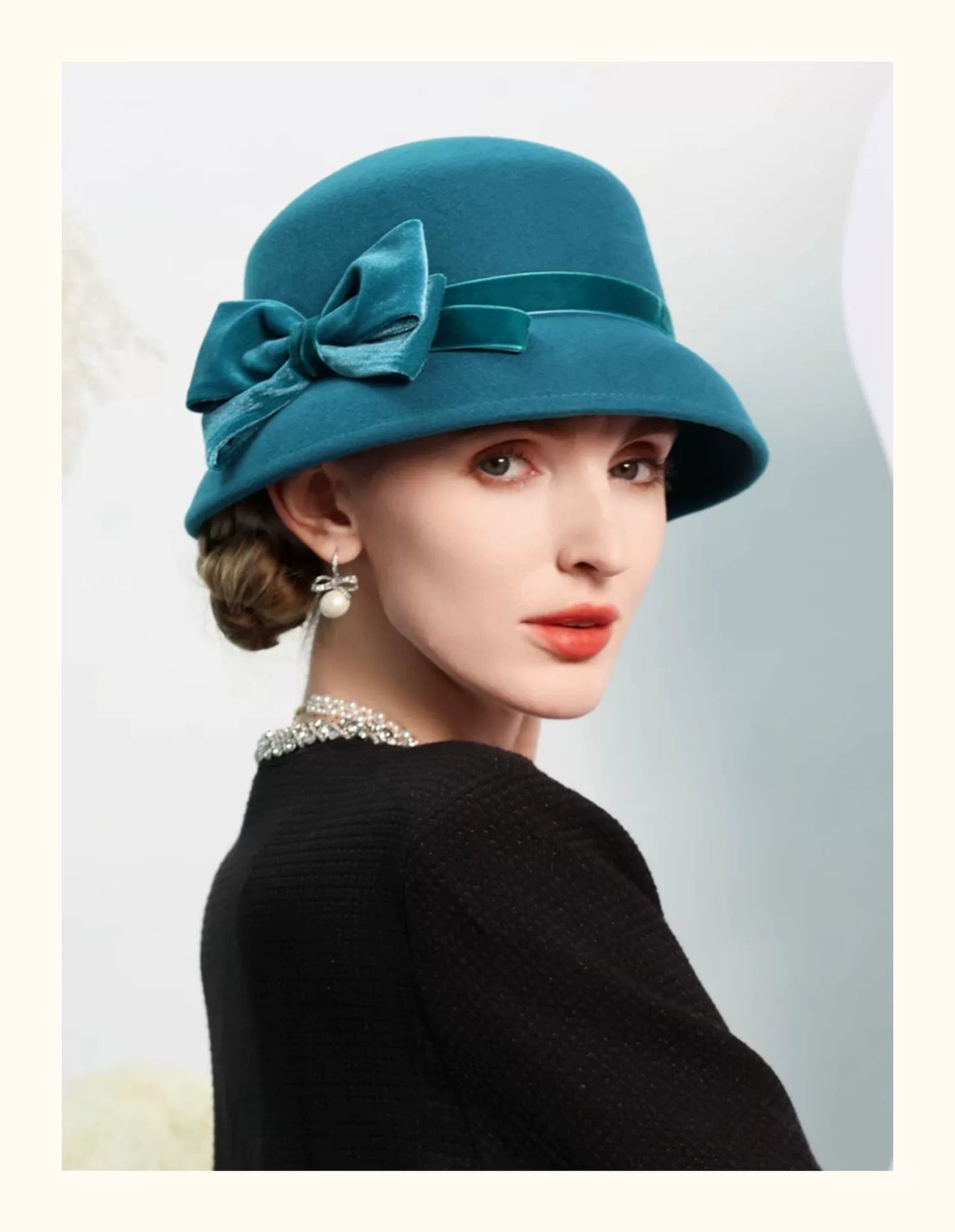 FADVES Women Solid Color Winter Hat 100% Wool Cloche Bucket Bowknot Fedora Hats 5030