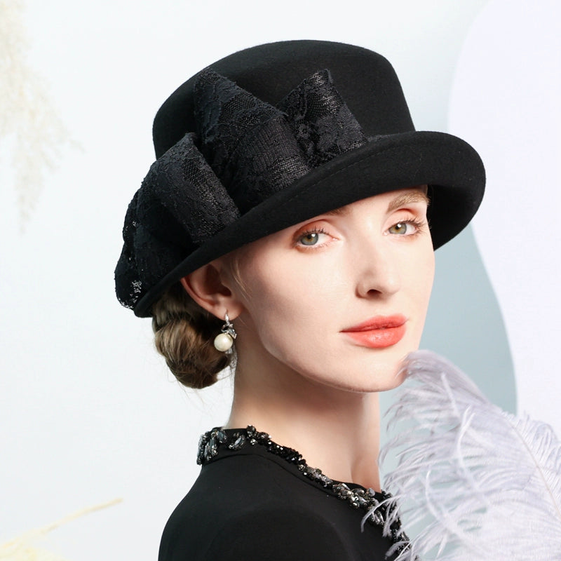 100% Wool Bowler / Cloche Hat Wedding Tea Party Elegant Wedding with Bowknot Fedora Hats
