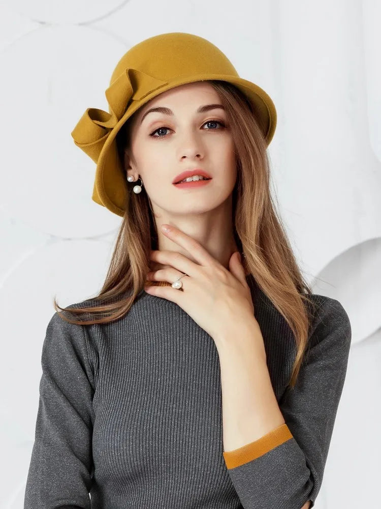 EE 5037 Autumn and Winter New British Wool Top Hat Casual Versatile Wool Hat Yellow Elegant Travel Shopping Hat Girl