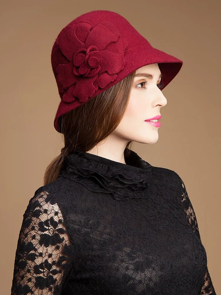 Vintage Wide Brim Wool Fedora Hat, Black, Winter Warm, Classic Style, Women's Fashion 5005