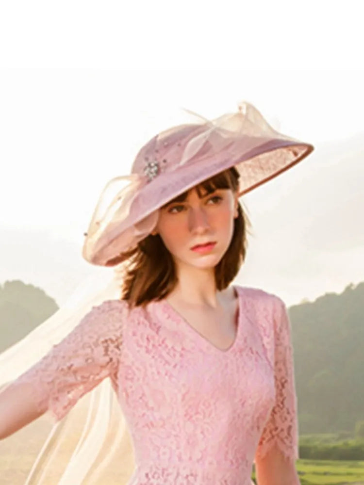 EE 1027 British Big Eaves Dome Linen Hat Female Elegant Diamond Decoration Yarn Hat