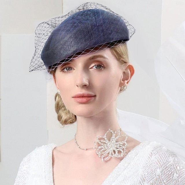 FADVES Hats Sinamay Saucer Hat Pillbox Hat Veil Hat Evening Party Cocktail Elegant British With Bowknot Tulle Headpiece Headwear