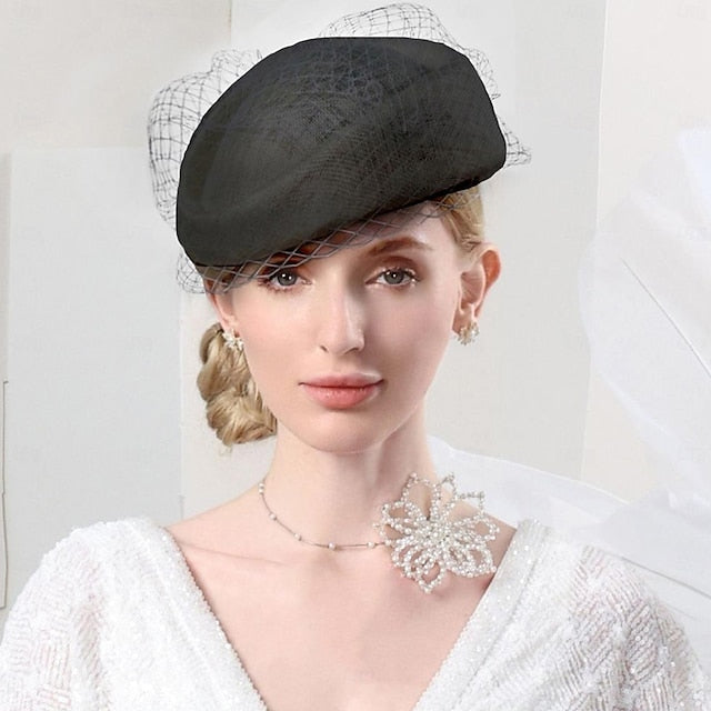 FADVES Hats Sinamay Saucer Hat Pillbox Hat Veil Hat Evening Party Cocktail Elegant British With Bowknot Tulle Headpiece Headwear