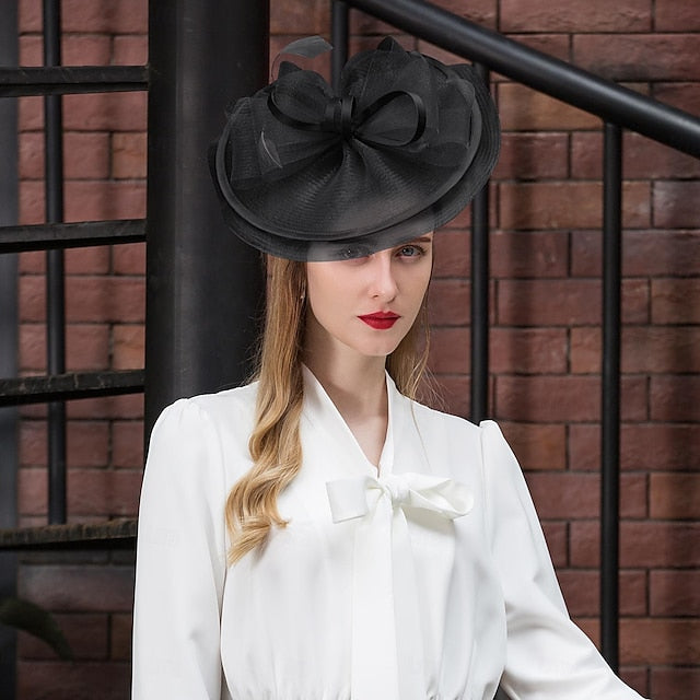 FADVES Fascinators Kentucky Derby Hat Tulle Net Saucer Hat Top Hat Tea Party Elegant Wedding With Feather Bowknot Headpiece Headwear